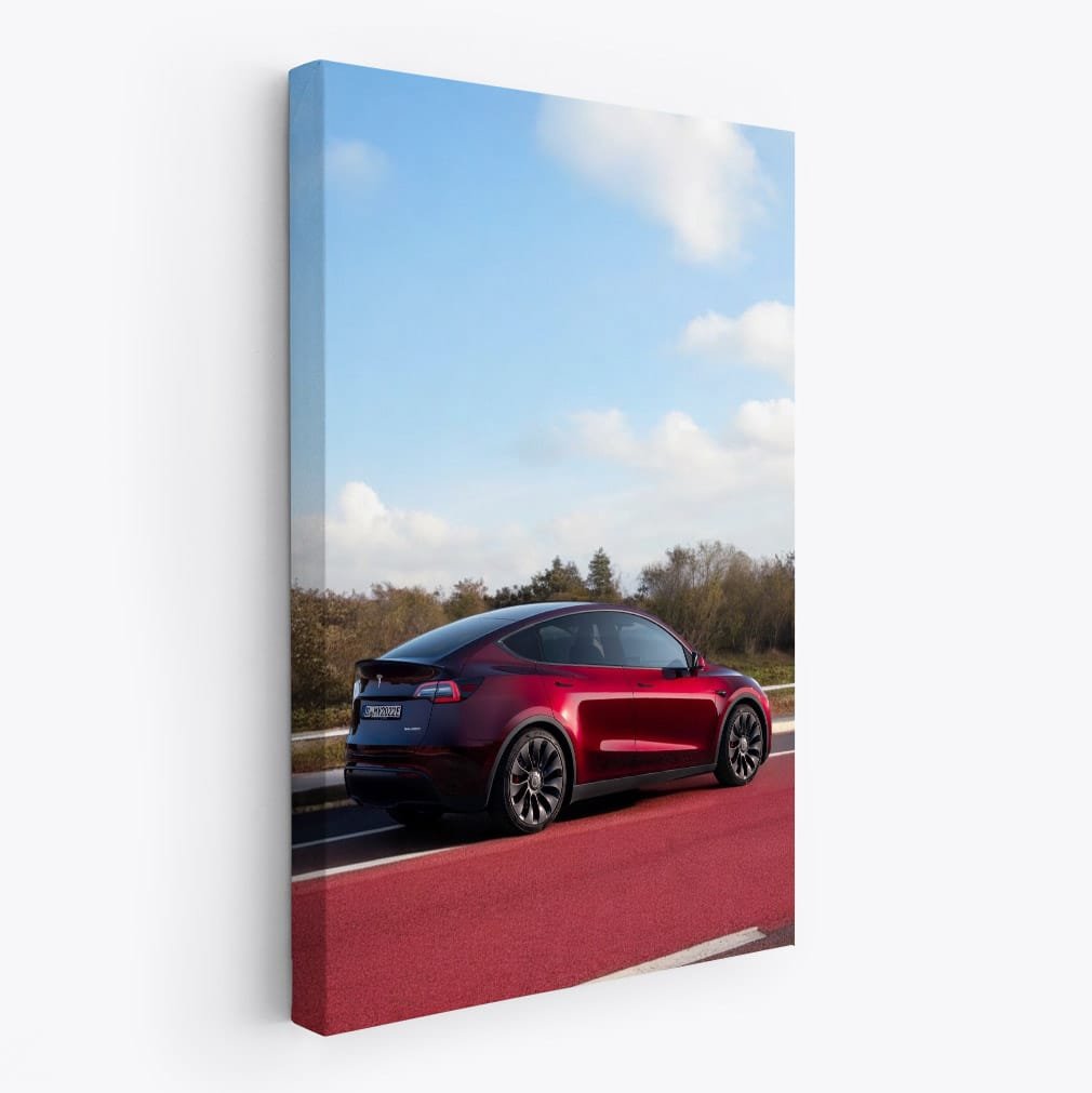Tesla Model Y on Red Road, Blue Skies - Sleek Innovation - EnjoyStore
