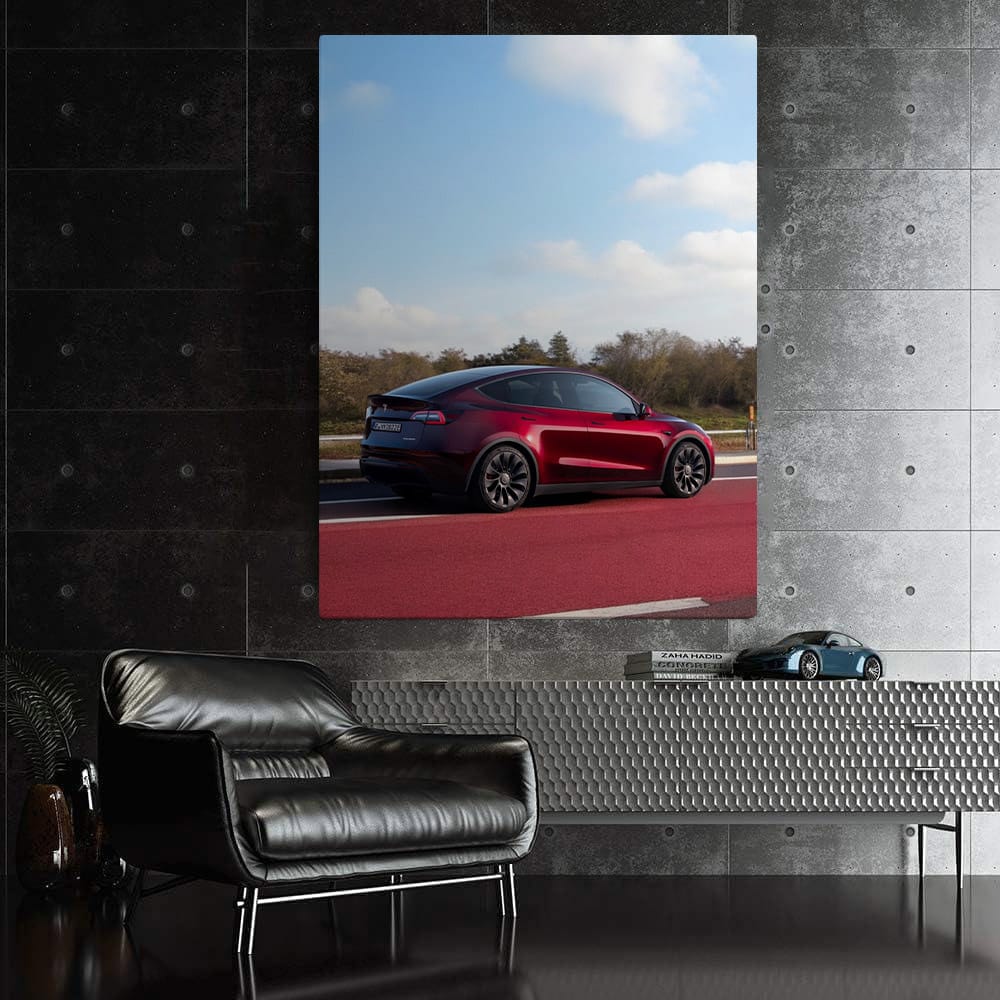 Tesla Model Y on Red Road, Blue Skies - Sleek Innovation - EnjoyStore