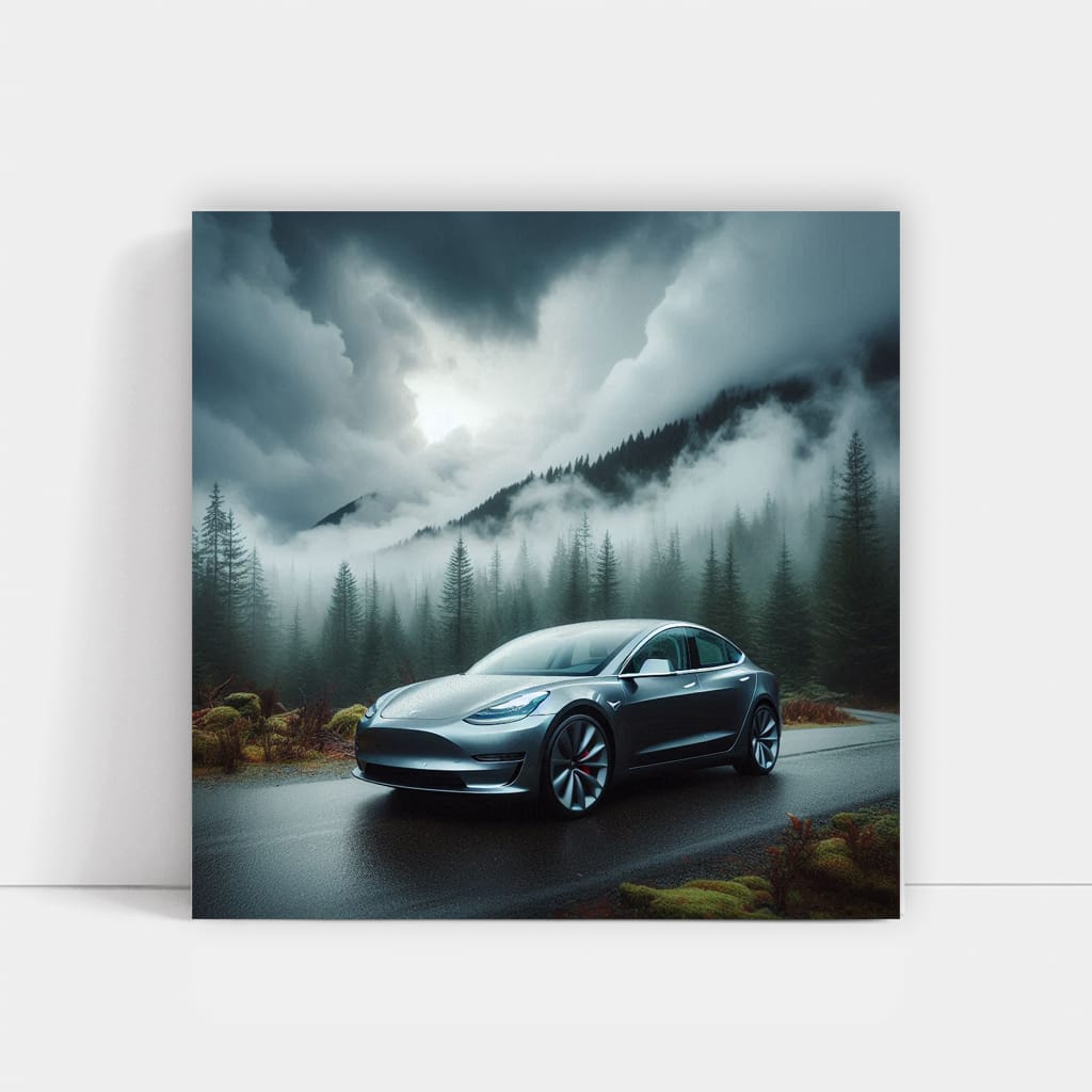Tesla Model 3 in Cloudy Forest - Sleek and Sustainable Ride