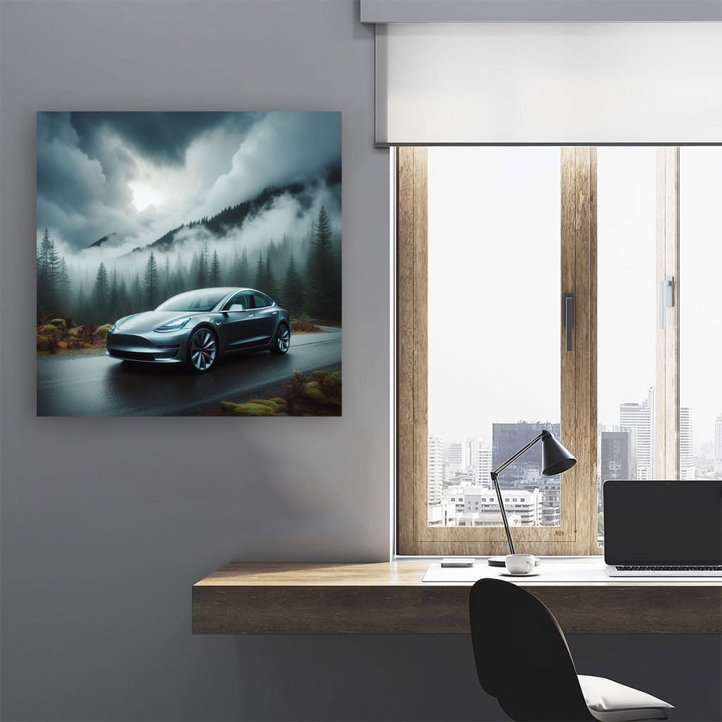 Tesla Model 3 in Cloudy Forest - Sleek and Sustainable Ride