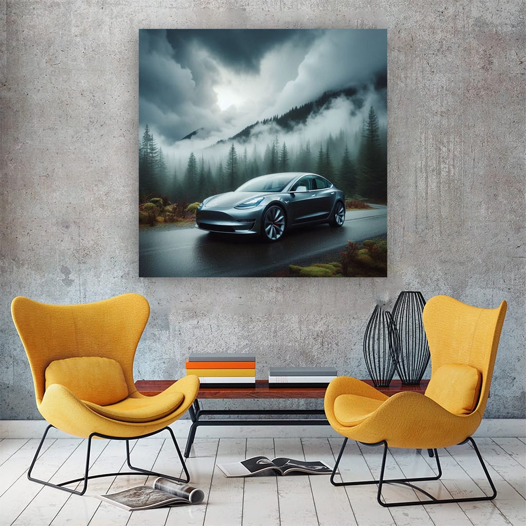 Tesla Model 3 in Cloudy Forest - Sleek and Sustainable Ride