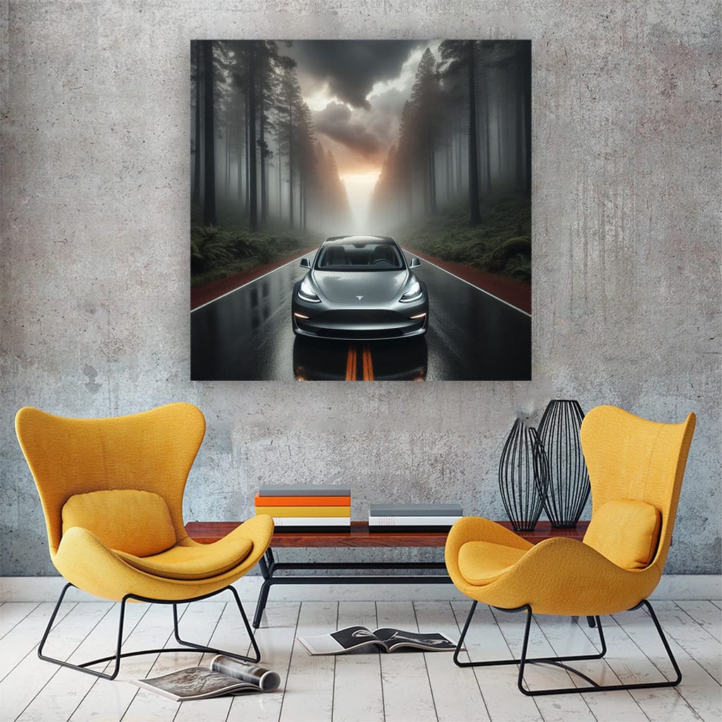 Tesla Model 3 in Cloudy Forest - Innovative and Eco-Friendly