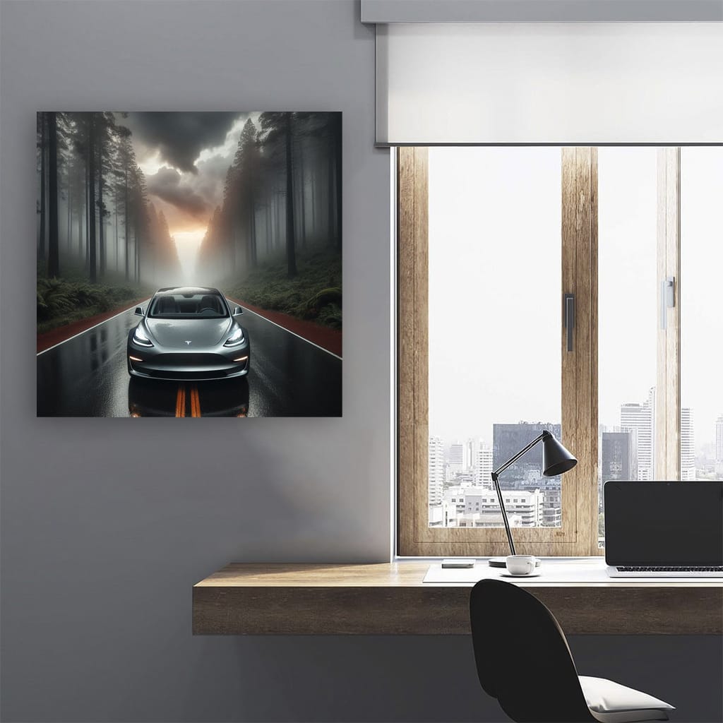 Tesla Model 3 in Cloudy Forest - Innovative and Eco-Friendly