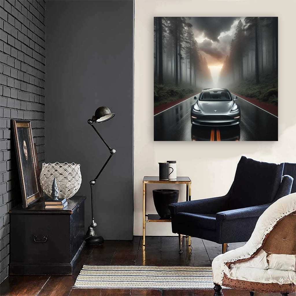 Tesla Model 3 in Cloudy Forest - Innovative and Eco-Friendly
