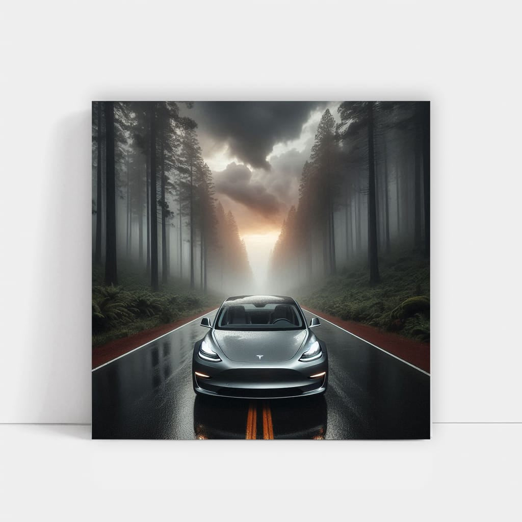Tesla Model 3 in Cloudy Forest - Innovative and Eco-Friendly