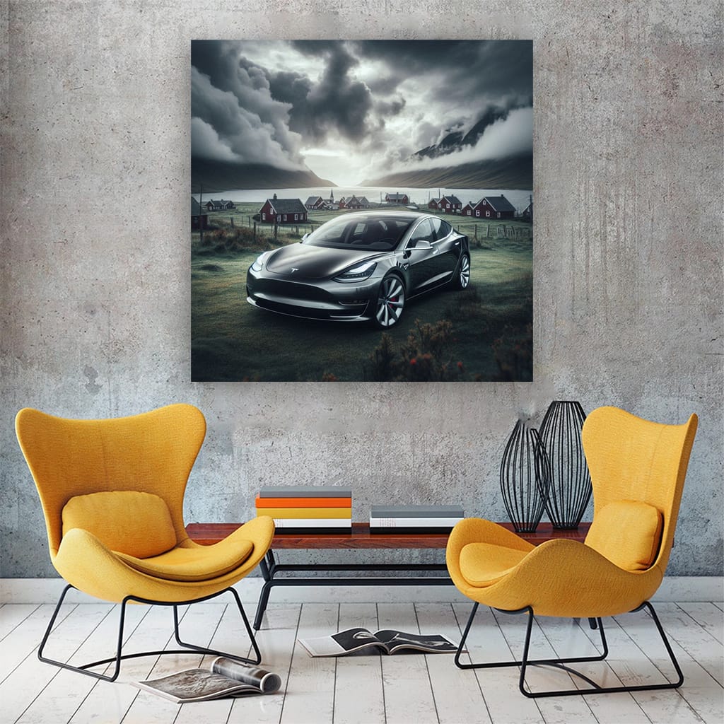 Tesla Model Cloudy Weather Wall Art