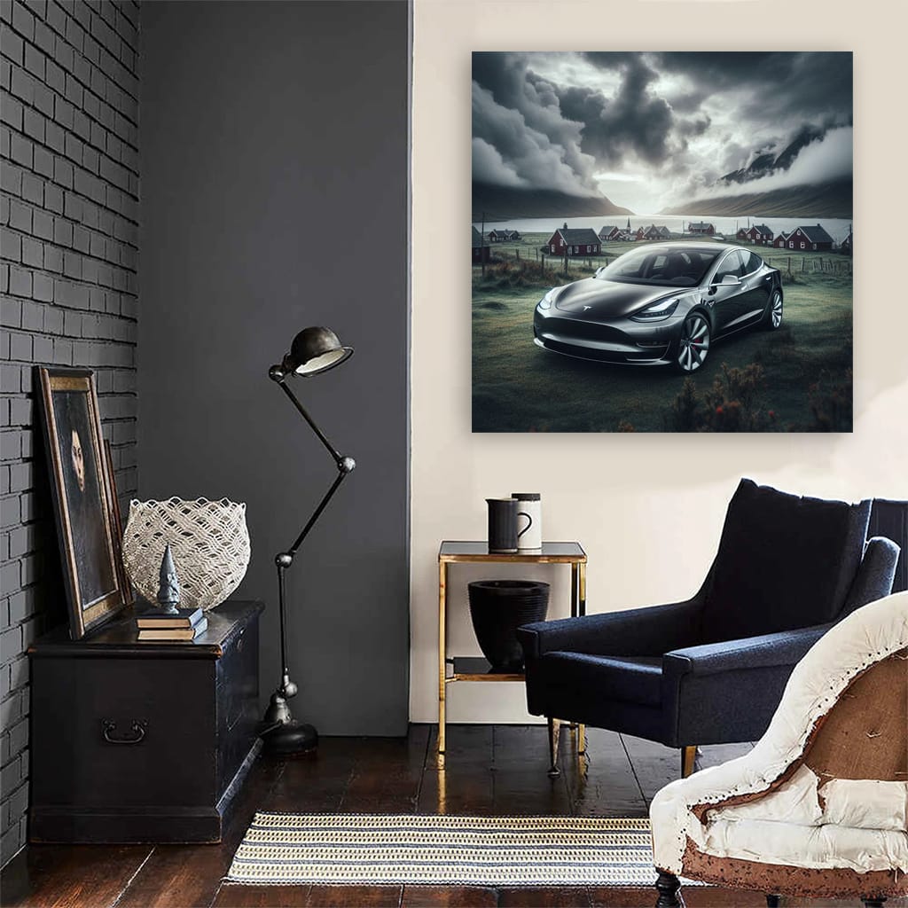 Tesla Model Cloudy Weather Wall Art