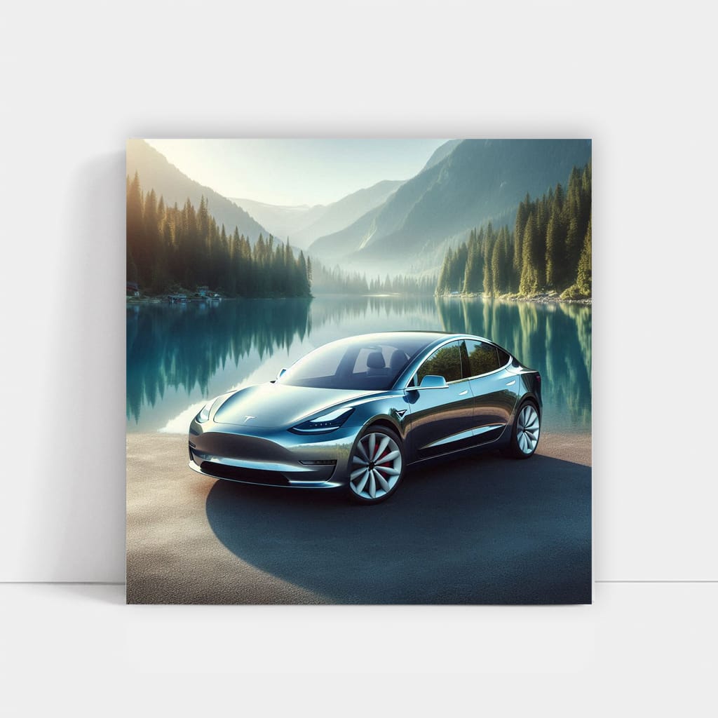 Tesla Model 3 at Lake - Innovation Meets Elegance