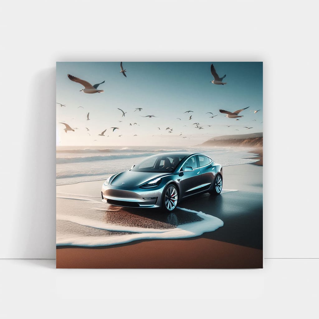 Tesla Model 3 at Beach: Sleek, Electric, Innovative