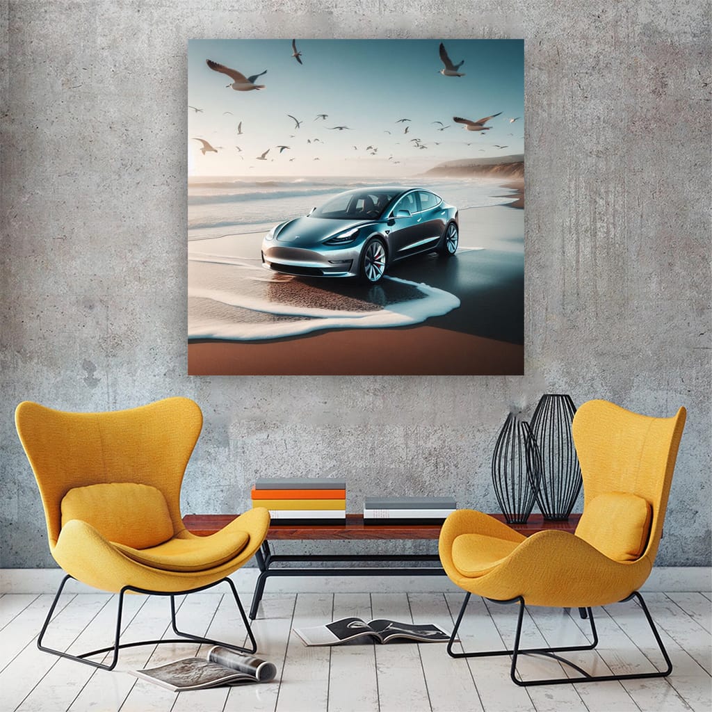 Tesla Model 3 at Beach: Sleek, Electric, Innovative
