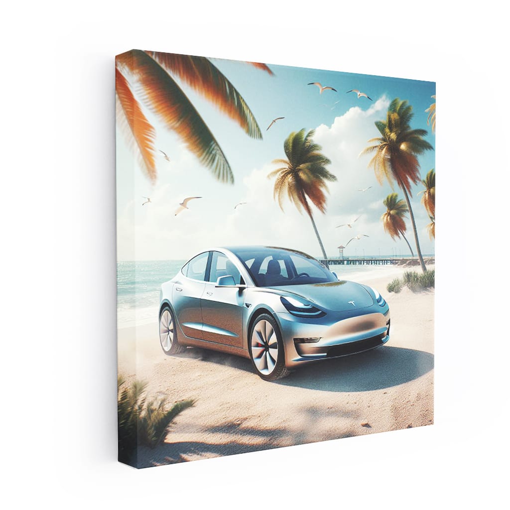 Tesla Model On Beach Wall Art