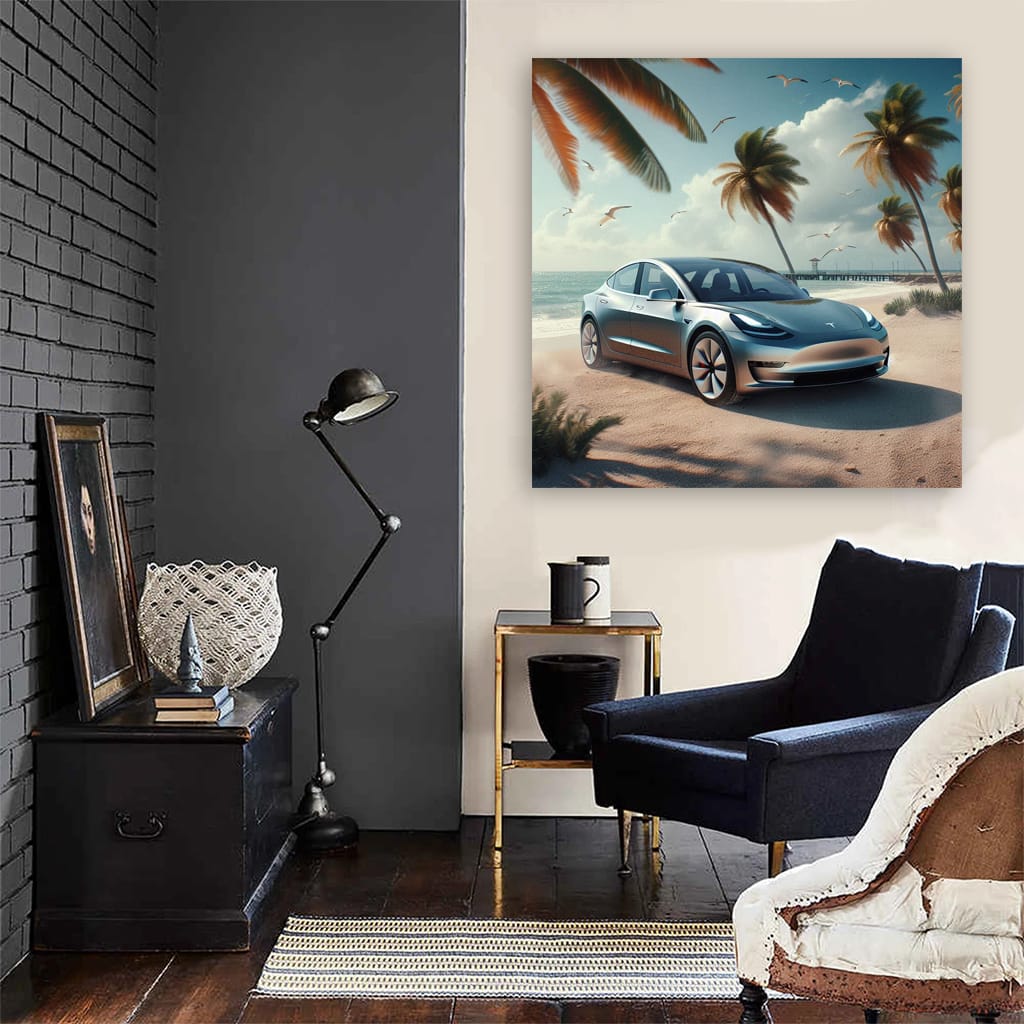 Tesla Model On Beach Wall Art