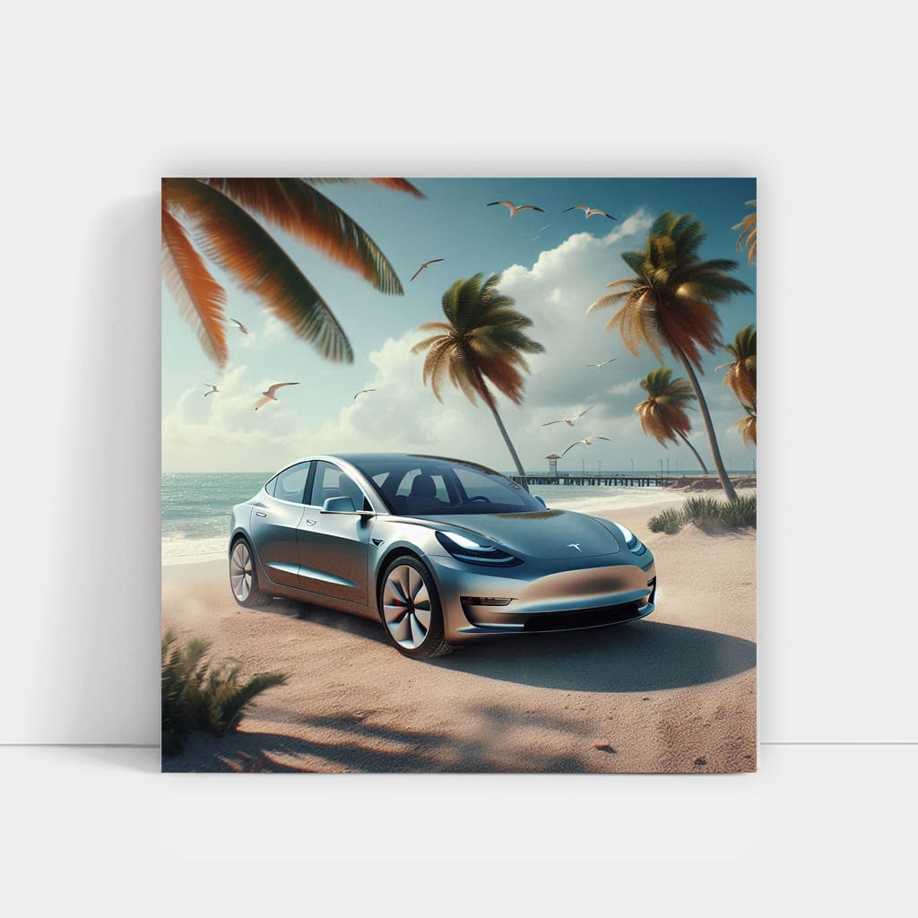 Tesla Model On Beach Wall Art