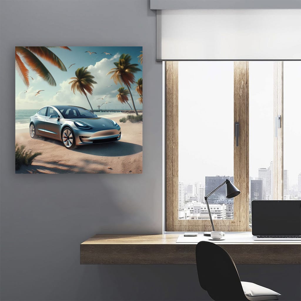 Tesla Model On Beach Wall Art