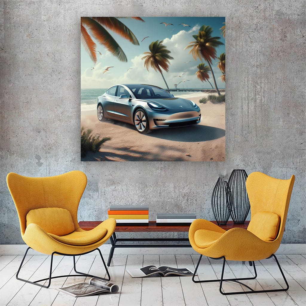 Tesla Model On Beach Wall Art