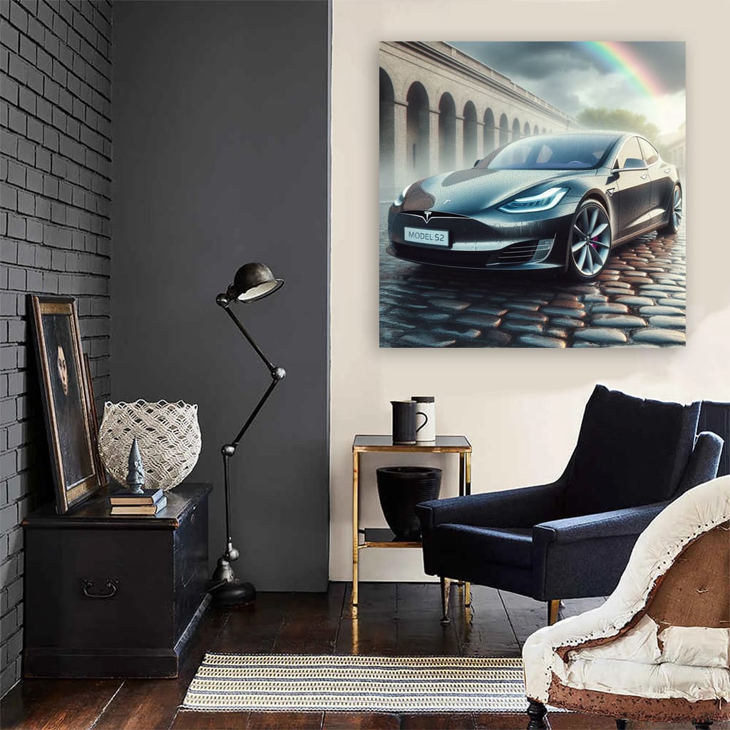 Tesla Model in Overcast Skies - Innovation in Motion