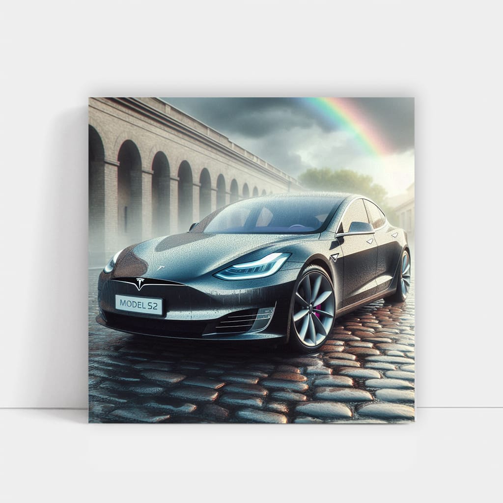 Tesla Model in Overcast Skies - Innovation in Motion