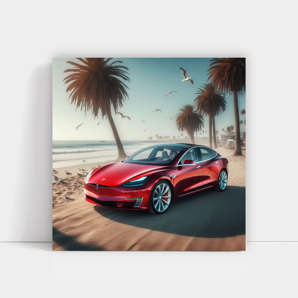 Tesla Model on Beach - Futuristic Elegance in Motion