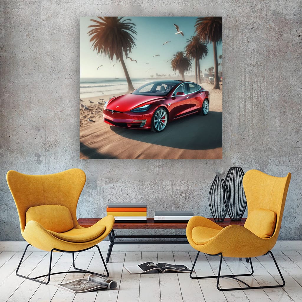 Tesla Model on Beach - Futuristic Elegance in Motion