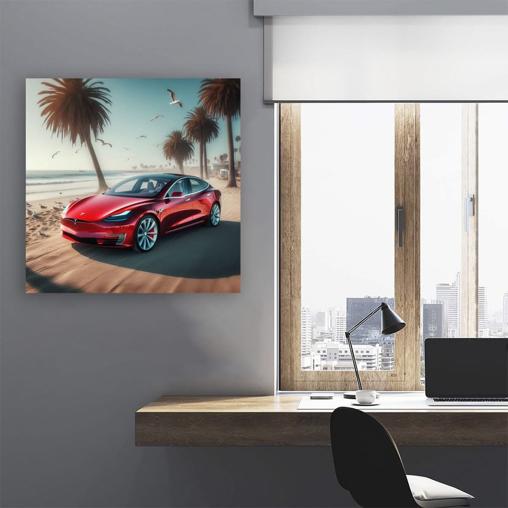 Tesla Model on Beach - Futuristic Elegance in Motion