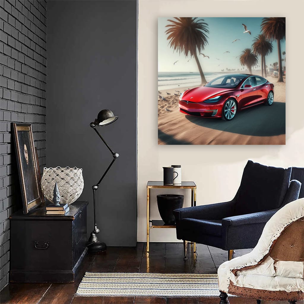 Tesla Model on Beach - Futuristic Elegance in Motion