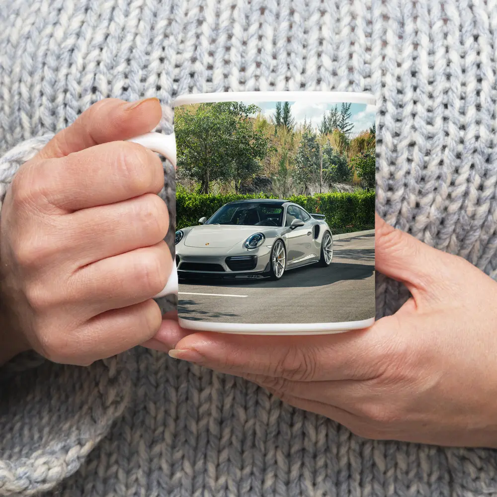 Porsche 911 Turbo Silver Parked Outdoors – Mugs