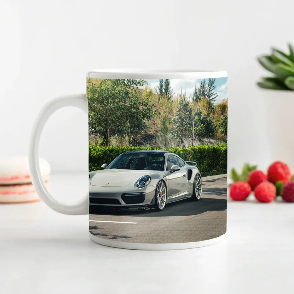 Porsche 911 Turbo Silver Parked Outdoors – Mugs