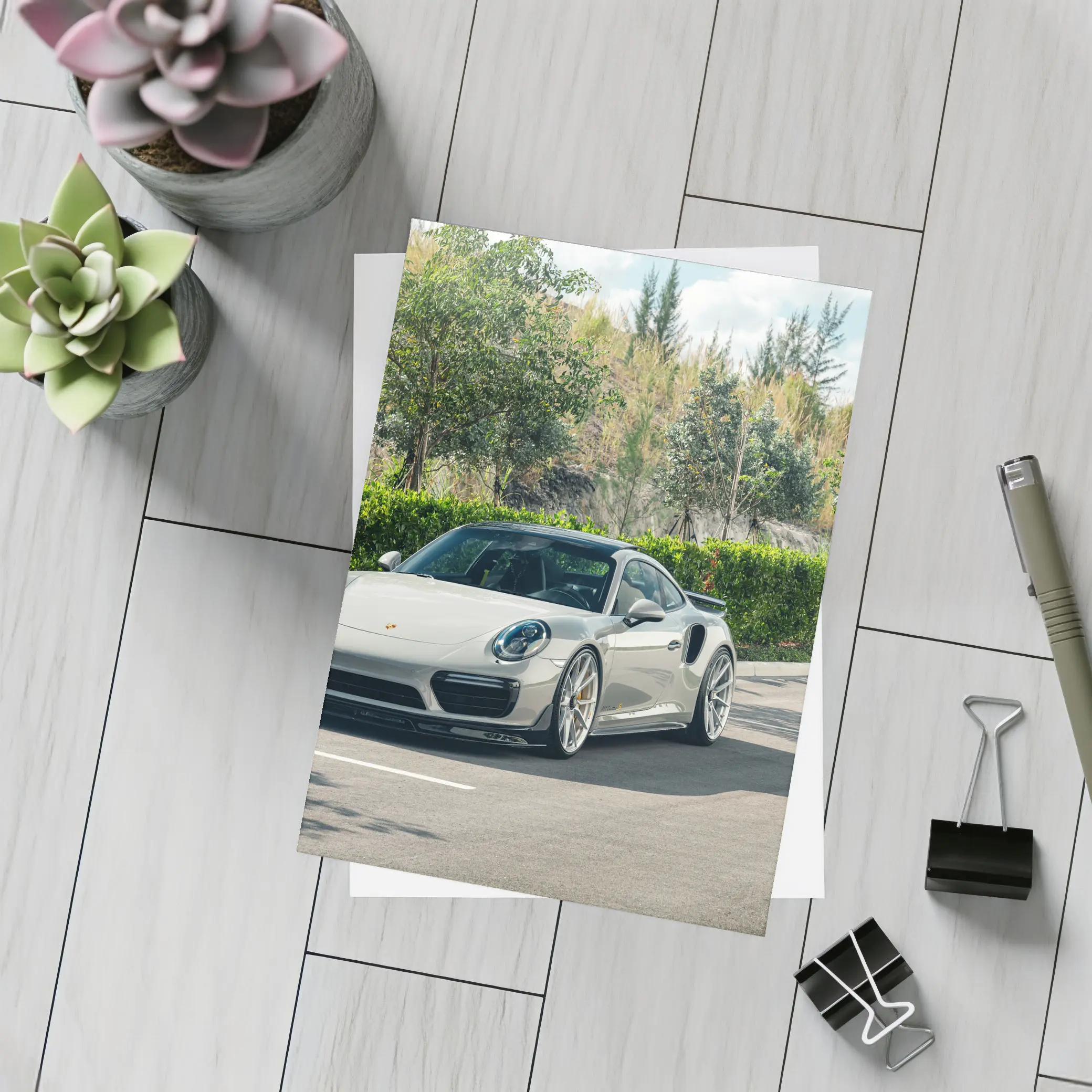Porsche 911 Turbo Silver Parked Outdoors – Postcards