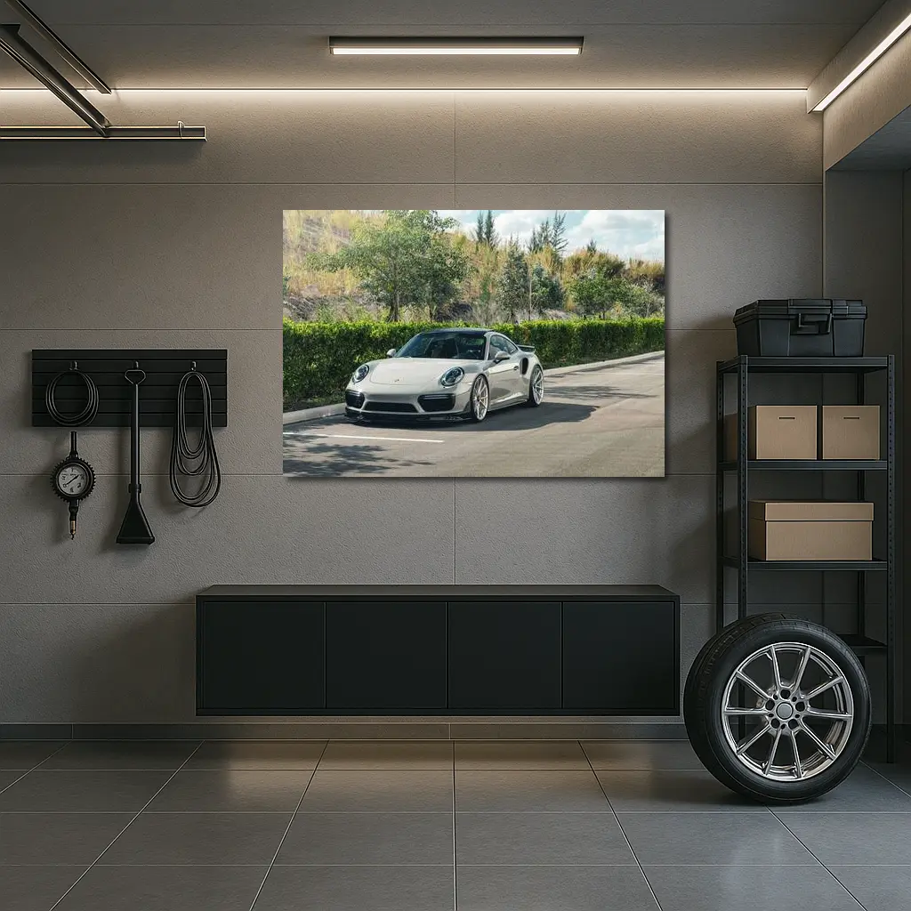 Porsche 911 Turbo Silver Parked Outdoors – Wall Art