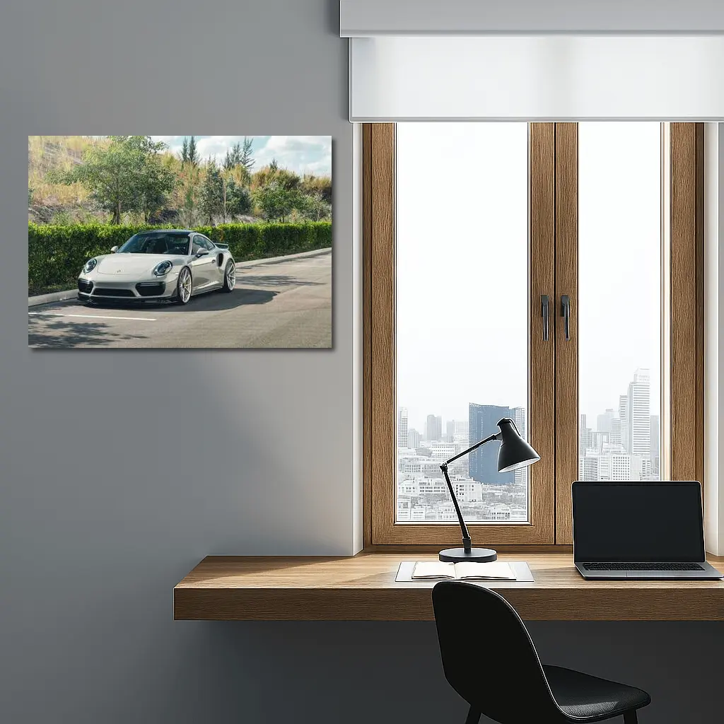 Porsche 911 Turbo Silver Parked Outdoors – Wall Art