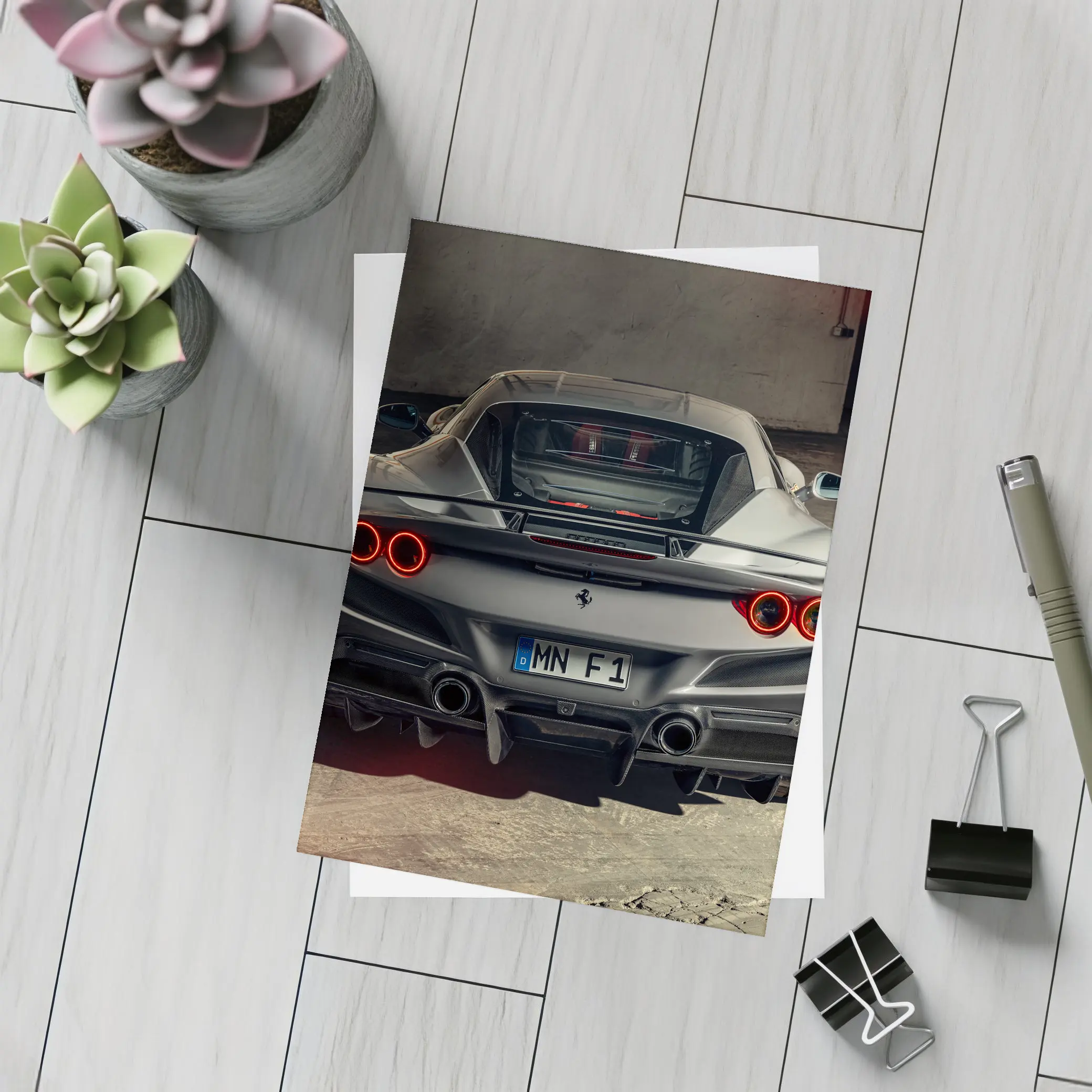 Ferrari F8 Rear View Gray Garage – Postcards