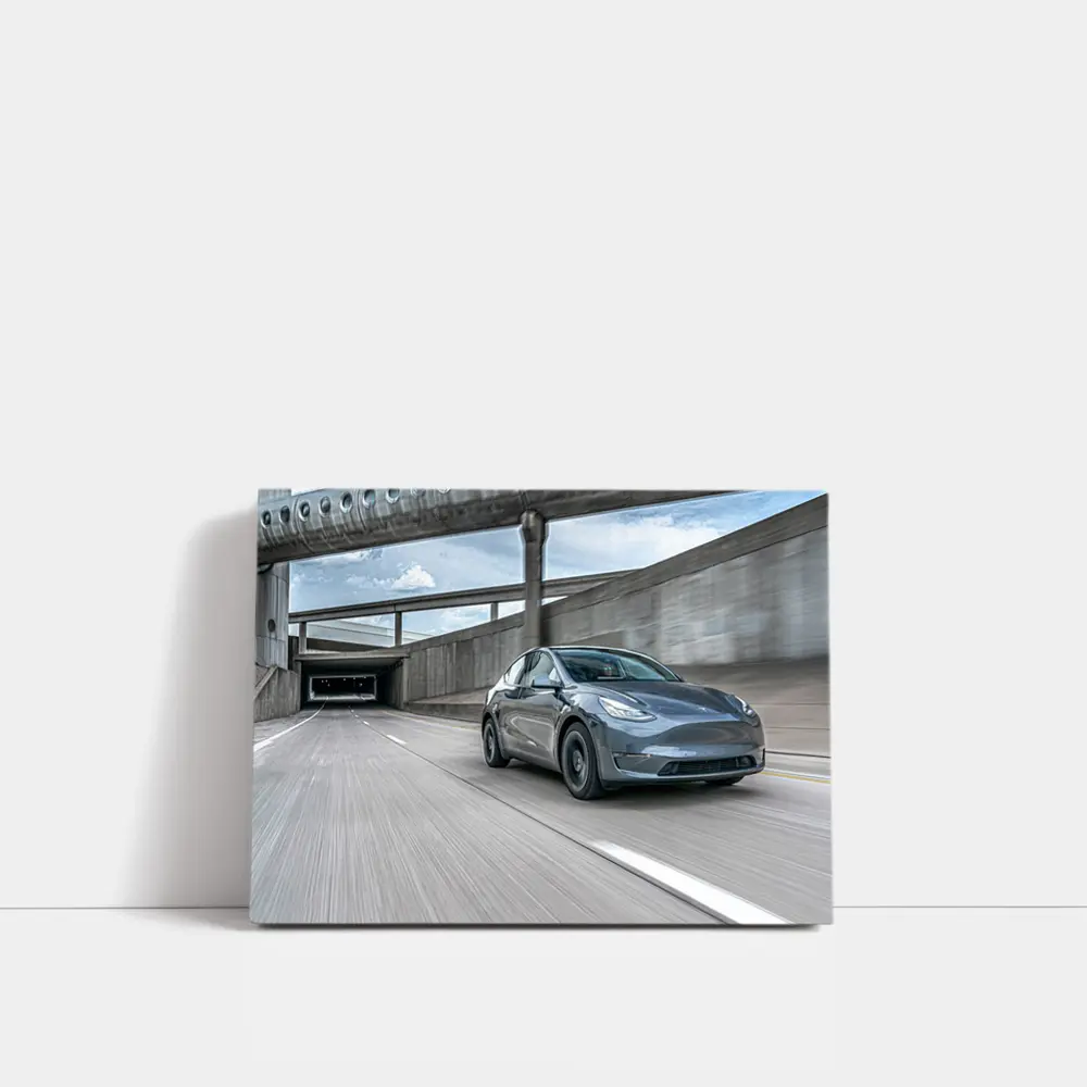 Tesla Model Y Speeding Through Urban Underpass – Wall Art