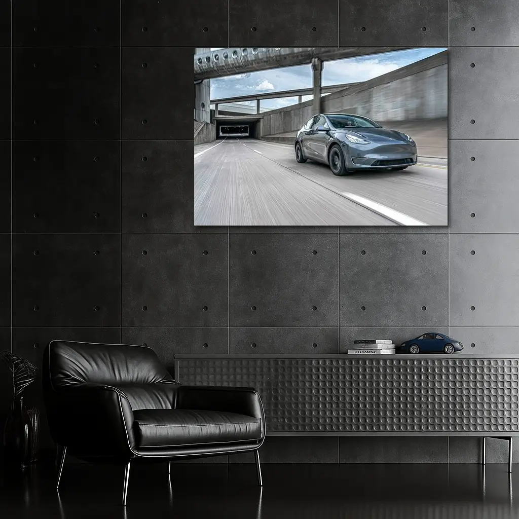 Tesla Model Y Speeding Through Urban Underpass – Wall Art