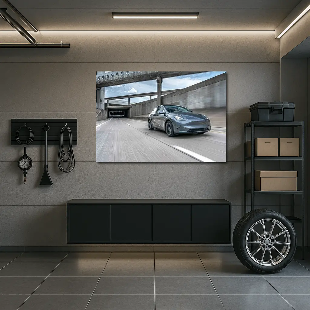 Tesla Model Y Speeding Through Urban Underpass – Wall Art