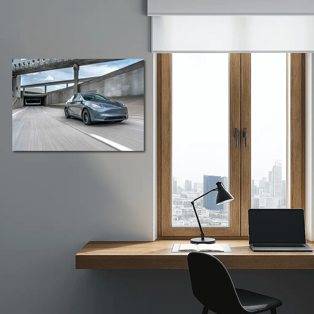 Tesla Model Y Speeding Through Urban Underpass – Wall Art
