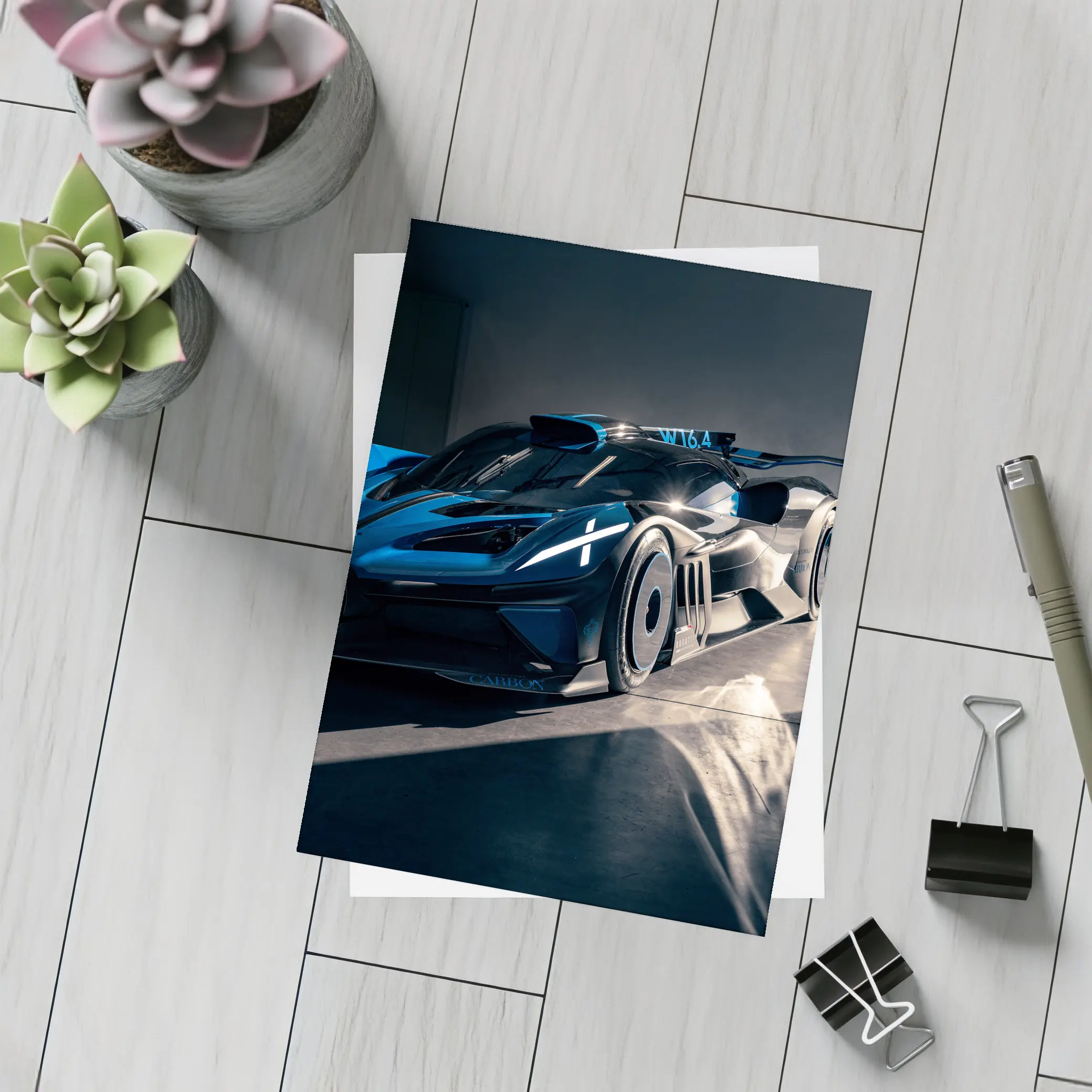 Bugatti Bolide Dark Blue Garage Shot – Postcards