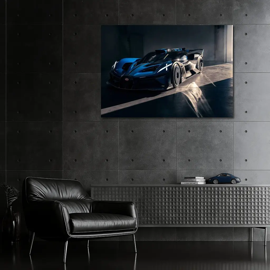 Bugatti Bolide Dark Blue Garage Shot – Wall Art
