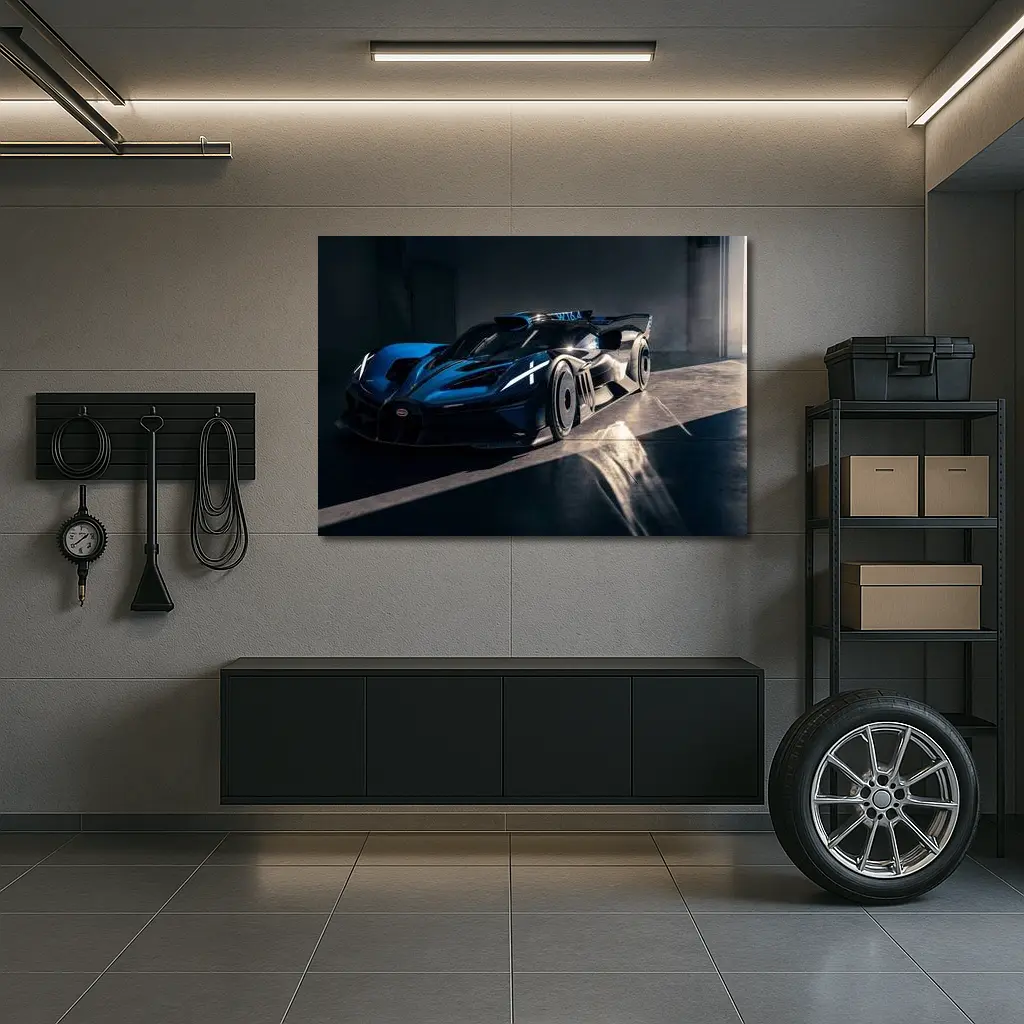 Bugatti Bolide Dark Blue Garage Shot – Wall Art