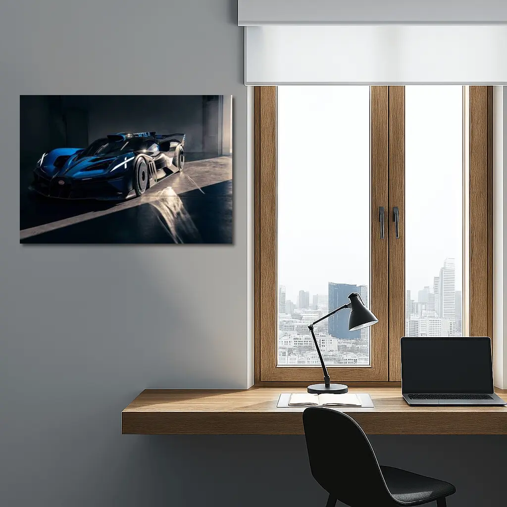 Bugatti Bolide Dark Blue Garage Shot – Wall Art
