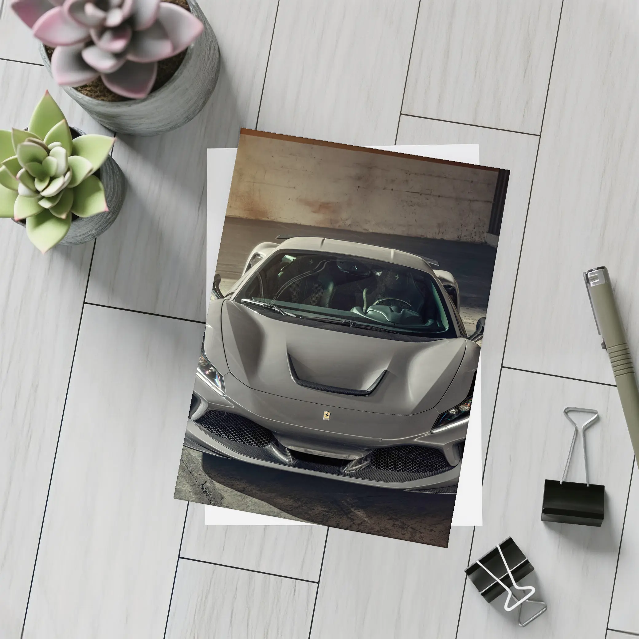 Ferrari F8 Matte Gray Parking Garage Front – Postcards