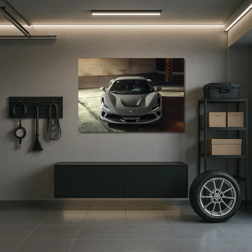 Ferrari F8 Matte Gray Parking Garage Front – Wall Art