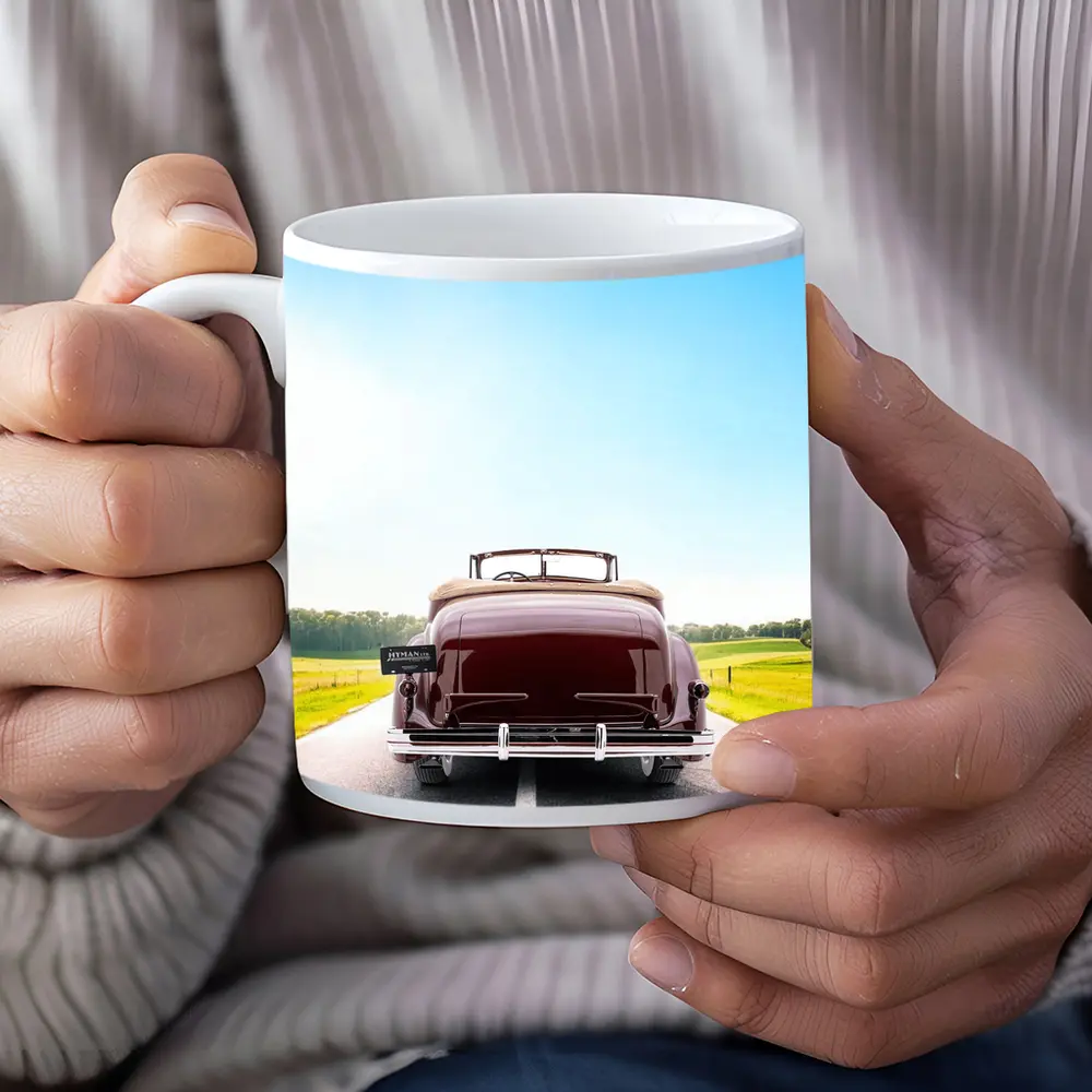 Classic Cadillac Convertible On Open Road – Mugs