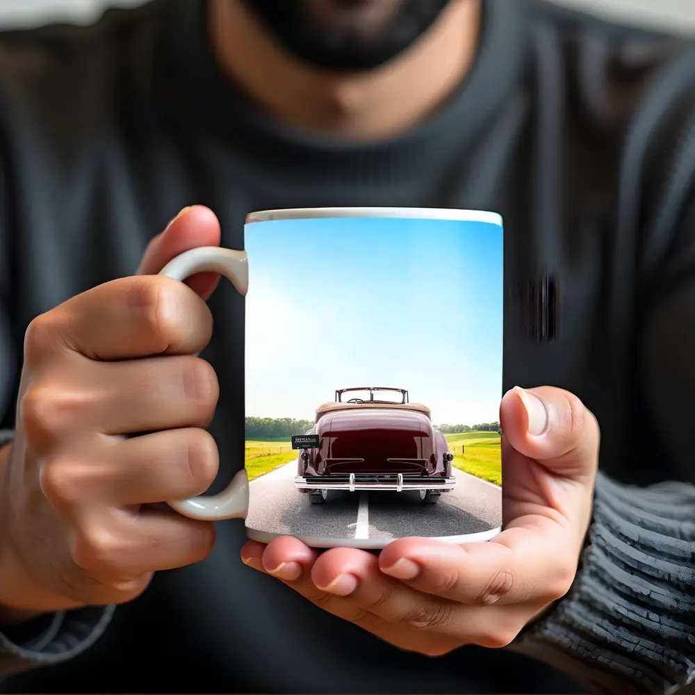 Classic Cadillac Convertible On Open Road – Mugs