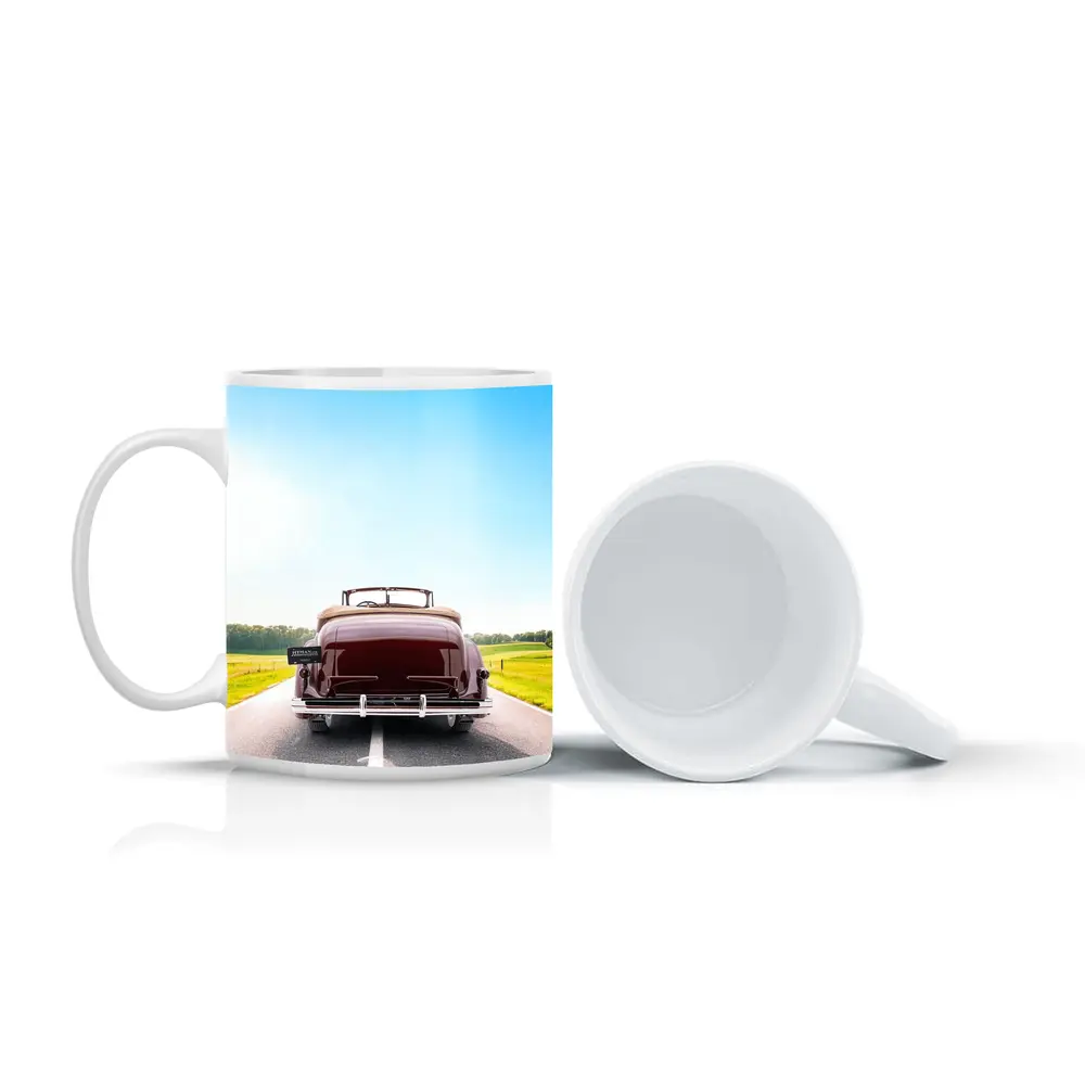 Classic Cadillac Convertible On Open Road – Mugs