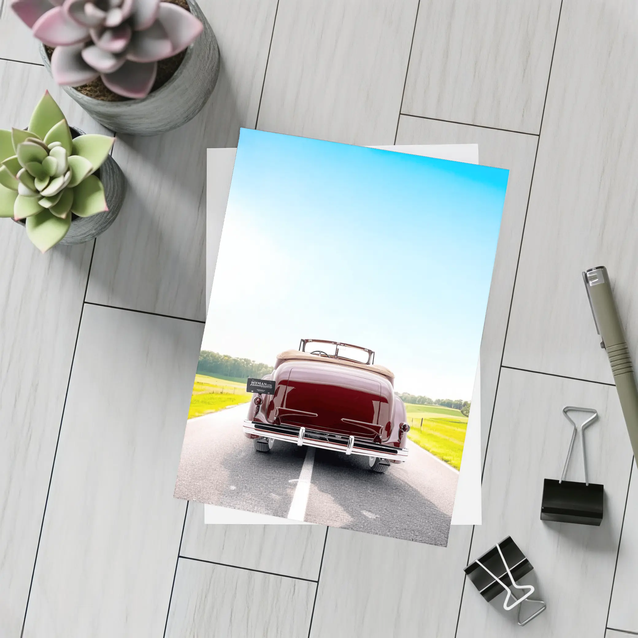 Classic Cadillac Convertible On Open Road – Postcards