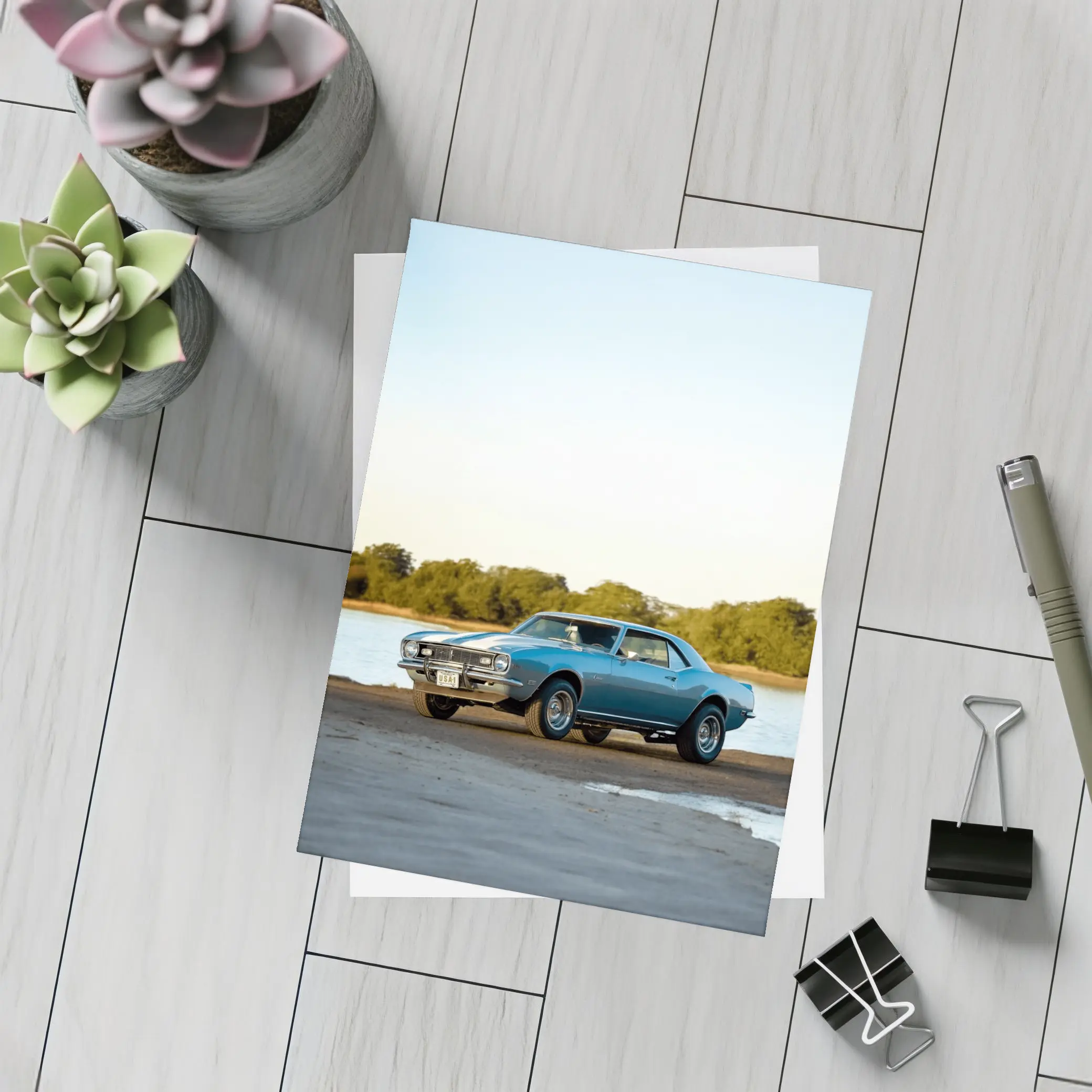 Classic Chevrolet Camaro Blue Coastal Shore – Postcards