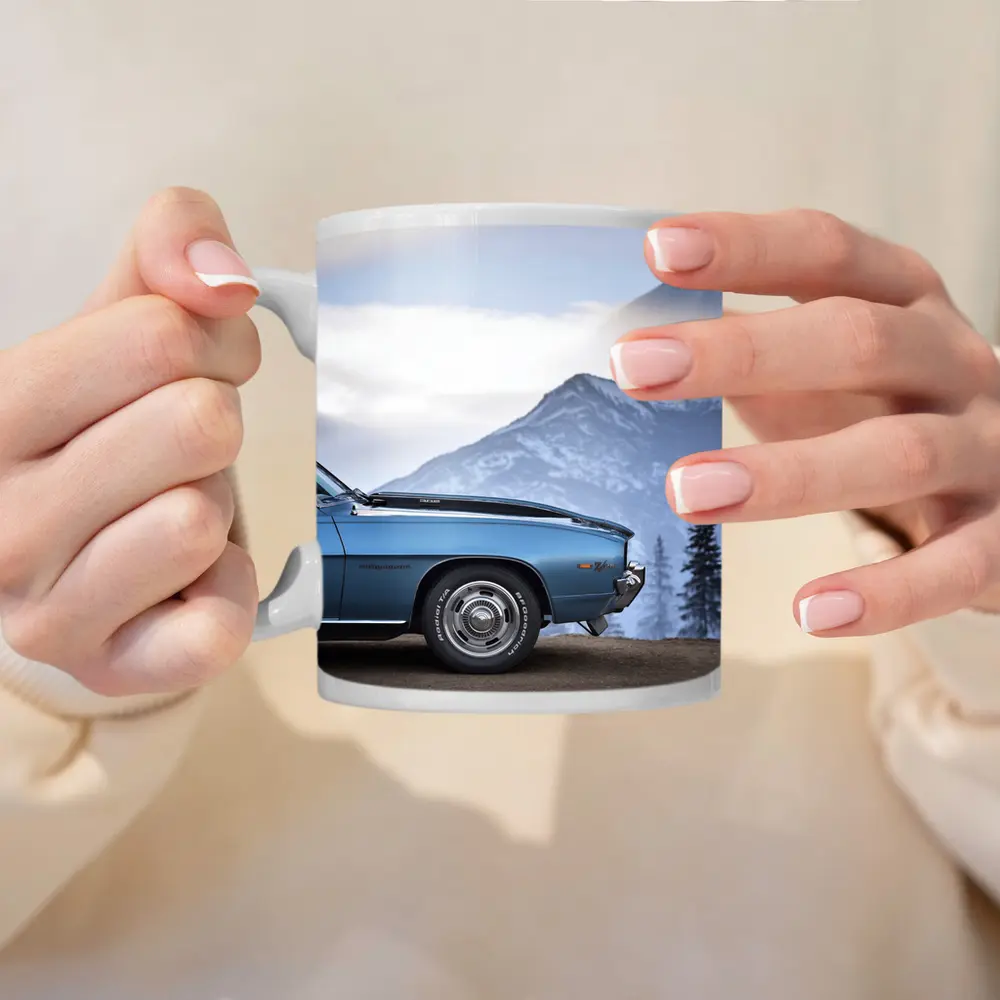 Chevrolet Camaro Classic Blue Snowy Mountain Backdrop – Mugs