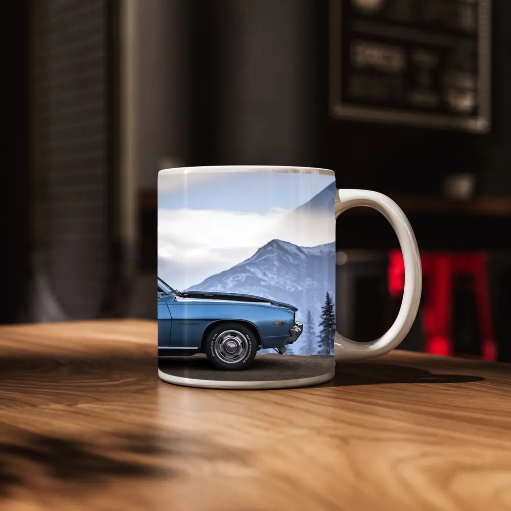 Chevrolet Camaro Classic Blue Snowy Mountain Backdrop – Mugs