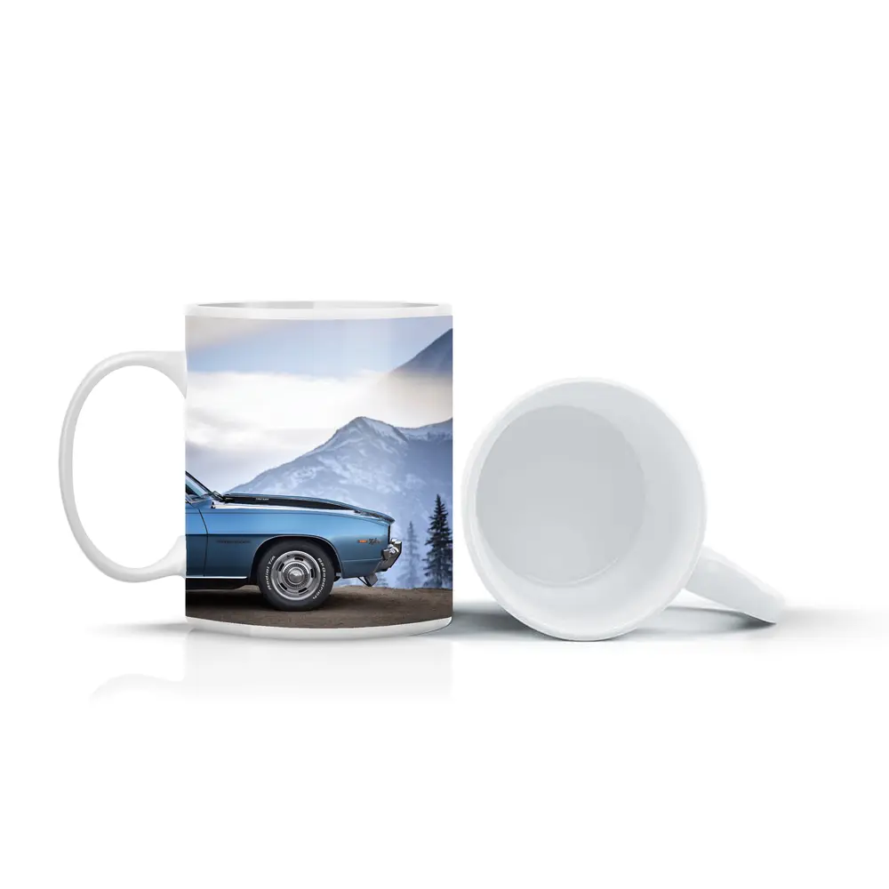 Chevrolet Camaro Classic Blue Snowy Mountain Backdrop – Mugs
