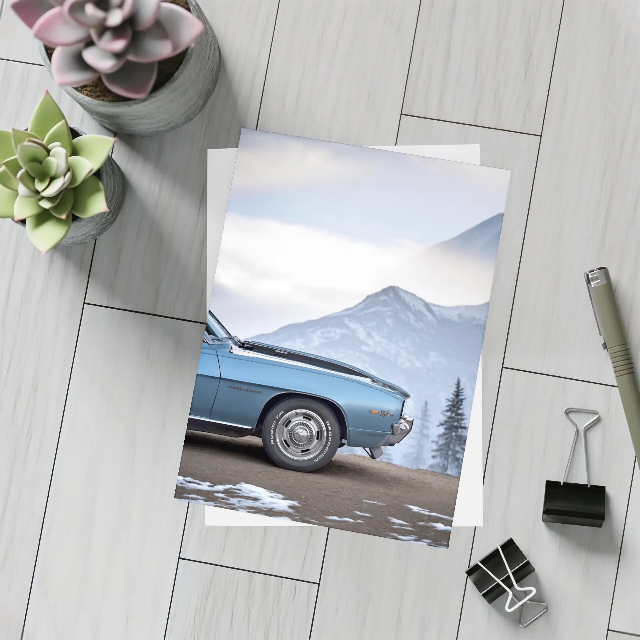 Chevrolet Camaro Classic Blue Snowy Mountain Backdrop – Postcards